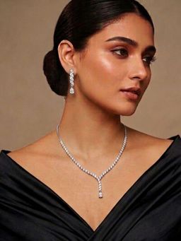 Niscka - Rhodium Plated White AD Statement Necklace with Earrings