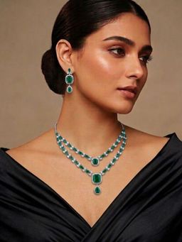 Niscka - Rhodium Plated Green and White AD Double Layered Necklace with Earrings