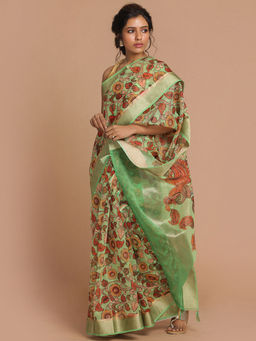 Indethnic - Banarasi Green Printed Party Wear Saree With Unstitched Blouse
