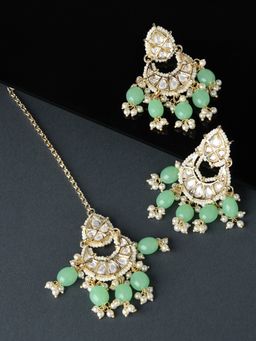 Zaveri Pearls - Green Bead Drops Crescent Shape Kundan Earrings & Maangtikka Set -(ZPFK11542)