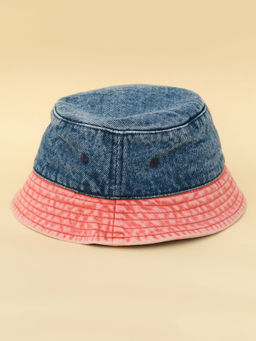 DukieKooky - Denim Blue with Coral Pink Brim Cotton Kids Bucket Hat