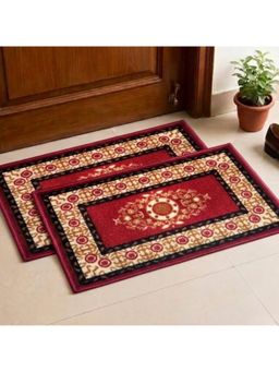 Athom Living - Maroon Floral Premium Anti Skid Door Mats (Pack of 2)