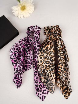 Laida - Brown And Purple Animal Print Hankerchief Style Scrunchies With Knot Detail (Pack of 2)