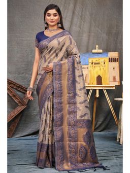 Sangam Prints - Beige Organza Woven Zari Work Traditional Tassel Saree with Unstitched Blouse