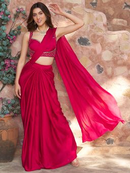 Lavanya The Label - Ruby Maroon Draped Saree with Stitched Blouse