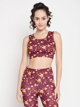 Clovia - Medium Impact Padded Floral Print Sports Bra in Plum Colour