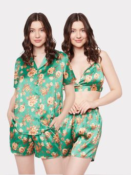Clovia - Satin Printed Top & Shorts (Set of 3)