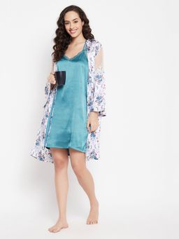 Clovia - Satin Printed Short Night Dress & Robe (Set of 2)