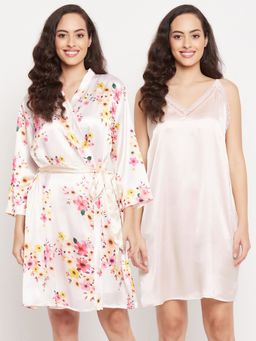 Clovia - Satin Printed Short Night Dress & Robe (Set of 2)