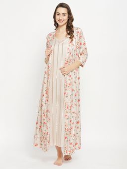 Clovia - Satin Printed Long Night Dress & Robe (Set of 3)