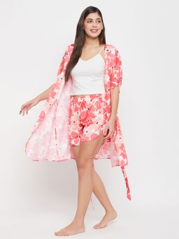 Clovia - Satin Printed Top & Shorts with Robe (Set of 3)