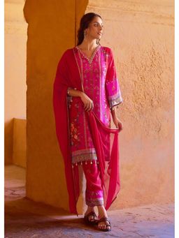 Autumnlane - Pink Printed Straight Kurta with Pant & Dupatta