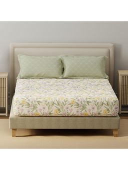 Layers - Basicx Cotton 120 TC Green Floral Bedsheet With 2 Pillow Covers (King)