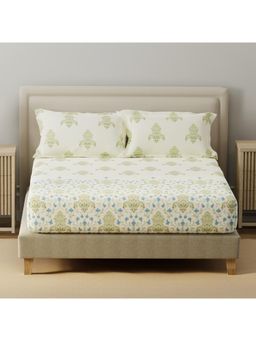Layers - Basicx Cotton 120 TC Green & White Floral Bedsheet With 2 Pillow Covers (King)