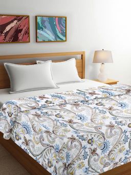 FABINALIV - White Floral Reversible 350 Gsm Micro Fiber Filling Bed Comforter (Double)