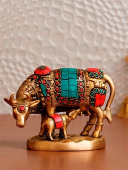 eCraftIndia - Cow and Calf Handcrafted Brass Idol Figurine with Colourful Stone Work