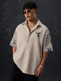 The Souled Store - Beige Oversized: Natures Tattoo Oversized Shirt