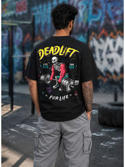 HAZUKU - Black Oversized Graphic Printed Cotton Round Neck T-shirt