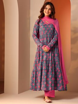 Libas - Blue Floral Printed Pleated Anarkali Kurta with Pant & Dupatta (Set of 3)
