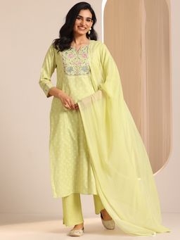 Libas - Lime Green Floral Yoke Woven Design Straight Kurta & Pant with Dupatta (Set of 3)