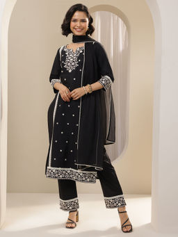 Libas - Black Floral Embroidered Panelled Kurta & Pant with Dupatta (Set of 3)