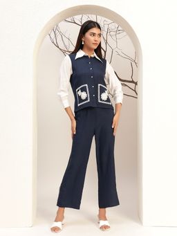 Bani Women - Navy Blue Women Embroidered Mandarin Collar Casual Co-Ord (Set of 2)