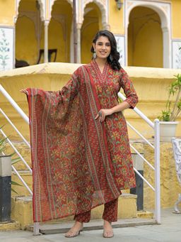 Divena - Maroon Cotton V-Neck Kurta & Pant with Dupatta (Set of 3)