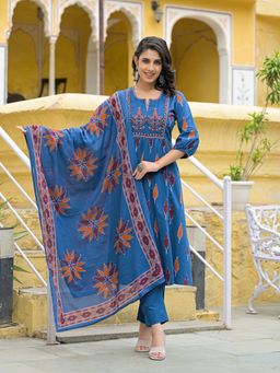 Divena - Navy Blue Cotton Thread Work Kurta & Pant with Dupatta (Set of 3)