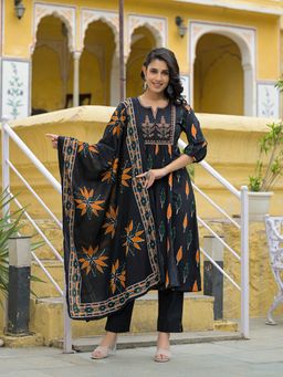 Divena - Black Cotton Thread Work Kurta & Pant with Dupatta (Set of 3)