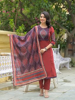 Divena - Maroon Cotton Round Neck Yoke Work Kurta & Pant with Dupatta (Set of 3)