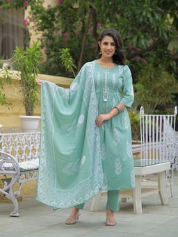 Divena - Green Cotton Pintuck Design Kurta & Pant with Dupatta (Set of 3)
