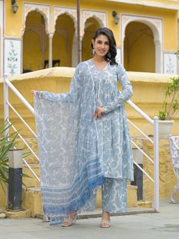 Divena - Off White Cotton Paisley Printed Anarkali Kurta with Pant & Dupatta (Set of 3)