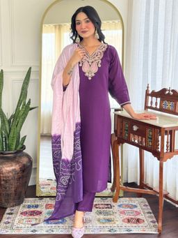 BLACK SCISSOR - Women's Purple Embroidered Chanderi Silk Kurta & Pant with Dupatta (Set of 3)