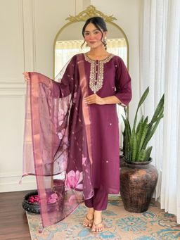 BLACK SCISSOR - Women's Burgundy Embroidered Rayon Kurta & Pant with Dupatta (Set of 3)
