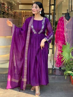 BLACK SCISSOR - Women's Purple Chinon Flared Anarkali Kurta with Pant & Dupatta (Set of 3)