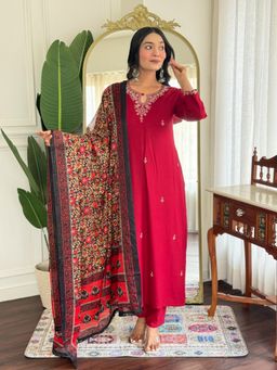 BLACK SCISSOR - Women's Red Pure Viscose Rayon Straight Kurta & Pant with Dupatta (Set of 3)