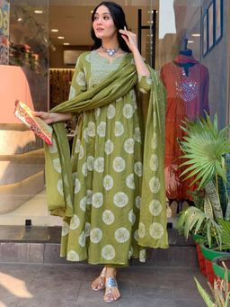 BLACK SCISSOR - Women's Green Embroidered Print Anarkali Kurta with Pant & Dupatta (Set of 3)