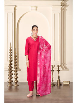 BulBul - Nirjari Red Silk Kurta & Pant with Dupatta (Set of 3)