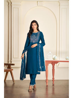 BulBul - Prachi Silk Teal Kurta & Pant with Dupatta (Set of 3)