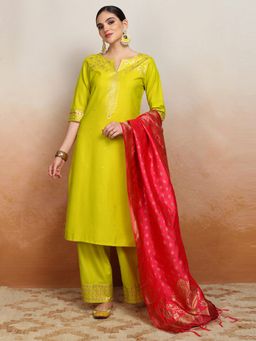 VISHUDH - Women Lime Green Ethnic Motif Kurta & Palazzo with Dupatta (Set of 3)