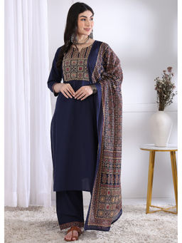 Vbuyz - Women's Navy Blue Printed Kurta & Pant with Dupatta (Set of 3)