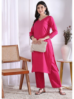 Vbuyz - Women's Pink Solid Straight Cotton Stitched Kurta & Pant (Set of 2)