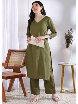 Vbuyz - Women's Mehendi Green Solid Straight Cotton Stitched Kurta & Pant (Set of 2)