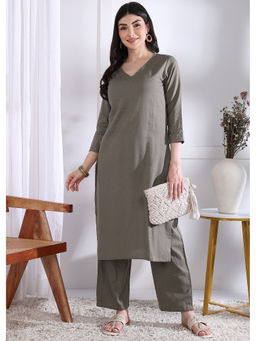 Vbuyz - Women's Grey Solid Straight Cotton Stitched Kurta & Pant (Set of 2)