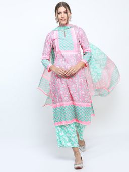 VISHUDH - Women Pink Floral Printed Straight Kurta & Palazzo with Dupatta (Set of 3)