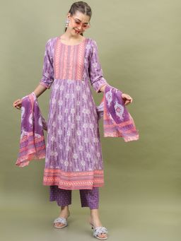 VISHUDH - Purple Women Printed Pure Cotton Kurta With Palazzo And Dupatta (Set of 3)
