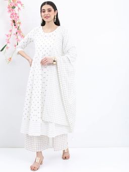 VISHUDH - Off White Ethnic Motifs Printed Pure Cotton Kurta With Palazzo And Dupatta (Set of 3)