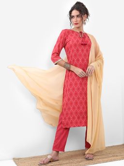 VISHUDH - Red Bandhani Printed Keyhole Neck Kurta & Pant with Dupatta (Set of 3)