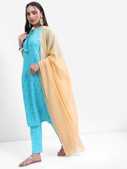 VISHUDH - Turquoise Bandhani Printed Keyhole Neck Kurta & Pant with Dupatta (Set of 3)
