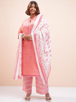 VISHUDH - Multi-Color Women Plus Size Cotton Printed Kurta & Palazzo with Dupatta (Set of 3)